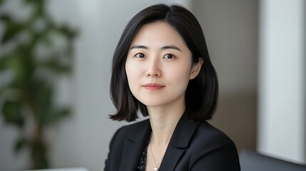 Portrait of confident young Asian businesswoman with professional attire poised expression for leadership presence modern career success empowered business concept.