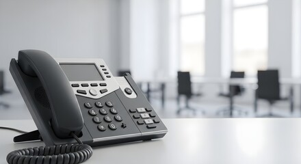 Modern office phone on a white desk with blurred background of a conference room