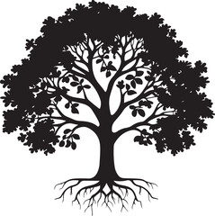 Obraz premium Silhouette Illustration of a Tree with Detailed Branches, Leaves, and Roots 
