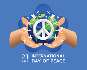 International day of peace - Hands hold world globe with circle peace symbol and group white dove birds of peace flying around on blue background vector design