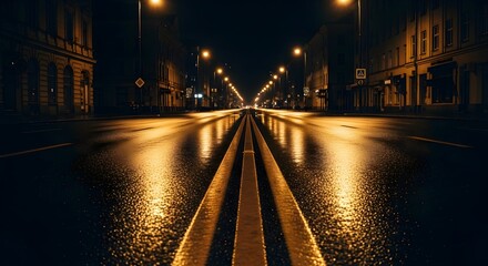 Golden Reflections on a Wet Night Street