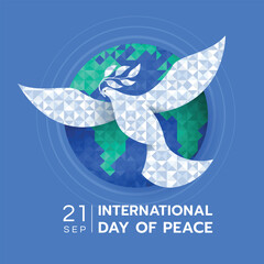International day of peace - White dove birds of peace flying on world globe with abstract geometric texture on blue background vector design