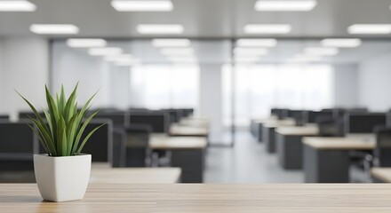 Office Interior with Plant in Focus, Blurred Desks and Bright Lighting