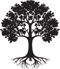 Fototapeta premium Silhouette Illustration of a Tree with Detailed Branches, Leaves, and Roots 
