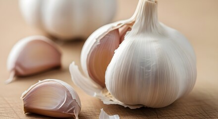 Close-up of a Fresh Garlic Bulb with Exposed Cloves