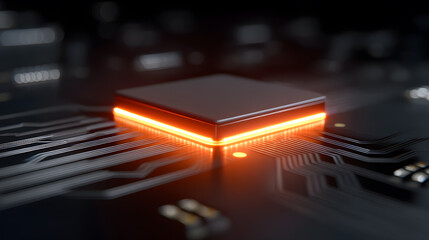 Illuminated Semiconductor Chip: A close-up view of an illuminated semiconductor chip, with an orange glow, signifies the core of modern digital technology.