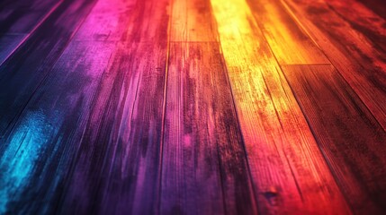 Vibrant rainbow light illuminating dark wooden floor planks.