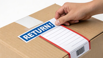 A hand places a "RETURN!" label on a cardboard box, indicating a package being prepared for return shipping.