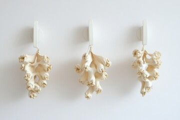 Three suspended, abstract sculptures of delicate, organic forms.