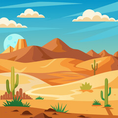 Majestic Desert Landscape. Panoramic View of Sand Dunes. Cacti. and Mountains