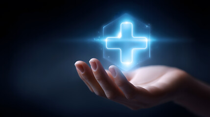 The Guiding Light: A single hand gently cradles a radiant cross symbol, aglow with a brilliant aura, signifying hope, healthcare and well-being, all set against a deep, captivating backdrop.
