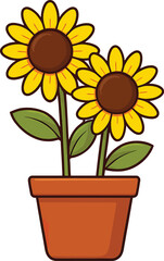 Obraz premium Cartoon Sunflowers in a Brown Pot with Green Leaves vector illustration