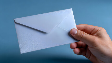Envelope Delivery: A hand tenderly presents a silver envelope against a complementary blue backdrop, embodying the anticipation of communication, delivering messages.