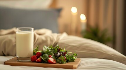Fresh salad and warm milk on wooden nightstand with soft pillow, healthy sleep diet concept, balanced nutrition for good night rest, wellness and self care lifestyle.
