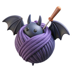 Cute cartoon bat character emerging from a ball of purple yarn with knitting needle isolated on transparent background
