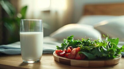 Fresh salad and warm milk on wooden nightstand with soft pillow, healthy sleep diet concept, balanced nutrition for good night rest, wellness and self care lifestyle.

