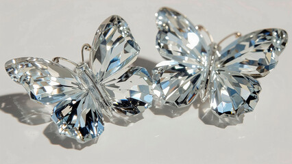 Radiant crystal butterflies reflecting light on white surface