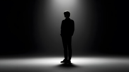 Obraz premium Silhouette in the Spotlight: A lone figure stands, embraced by a dramatic spotlight that accentuates the person's form, immersed in shadows, and shrouded in mystery.