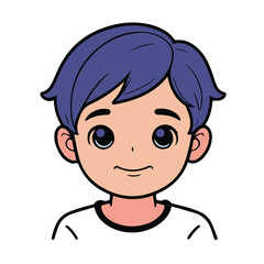 Obraz premium Cartoon boy with purple hair in a white t-shirt. Neutral expression, in a front view, against a plain white background. Child character illustration for use in digital media.