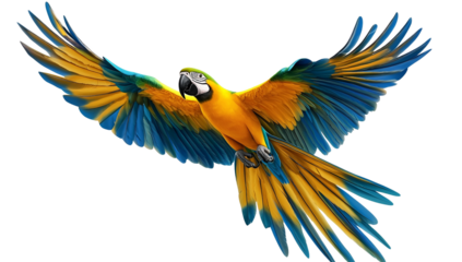 Vibrant Blue-and-Gold Macaw in Flight, Isolated on Transparent PNG