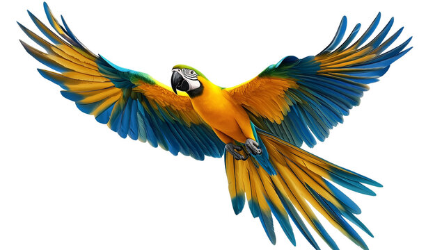 Vibrant Blue-and-Gold Macaw in Flight, Isolated on Transparent PNG - Powered by Adobe