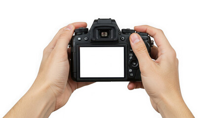 Hands holding a camera with a blank white screen against a transparent background