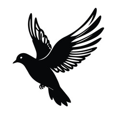 Black silhouette of a dove in flight against a plain white background. Simple, elegant design suitable for a variety of uses.