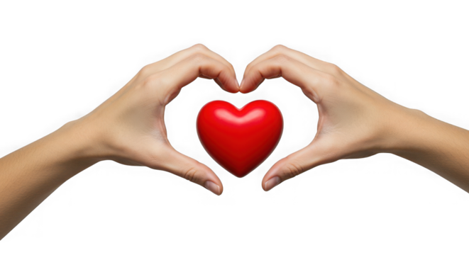 Hands framing a red heart shape against a transparent background view