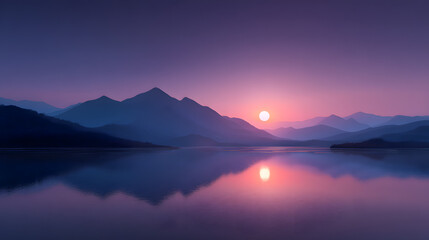 Serene Sunset Over Mountain Lake: A tranquil landscape captures a breathtaking moment as the sun gracefully descends over a range of majestic mountains, mirrored in the calm lake below.