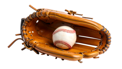 Leather Baseball Gear: A close-up shot of a well-worn baseball glove cradling a pristine ball, an embodiment of the sport's gritty elegance.