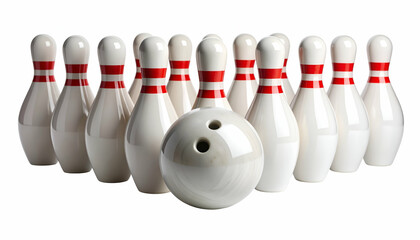 Bowling Pins and Ball: Ready to strike! A set of ten bowling pins with a bowling ball in front, ready for a strike.  A classic image representing fun, competition and leisure.