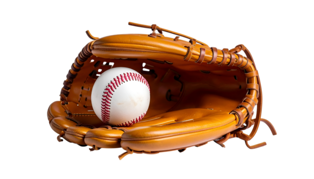Baseball Glove and Ball: A classic leather baseball glove cradles a pristine baseball, embodying the spirit of American pastime, ready for action and competitive sports.  - Powered by Adobe