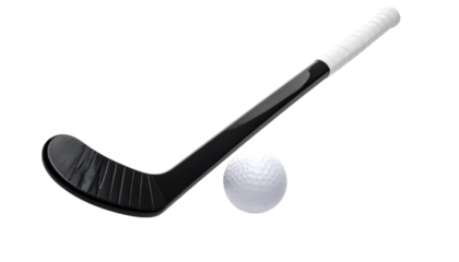 Hockey Stick and Ball: A black hockey stick and a white ball resting on a white background, symbolize readiness and precision for the exhilarating sport of hockey.