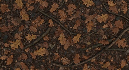 Autumn forest floor covered with dry oak leaves scattered branches twigs and dark soil