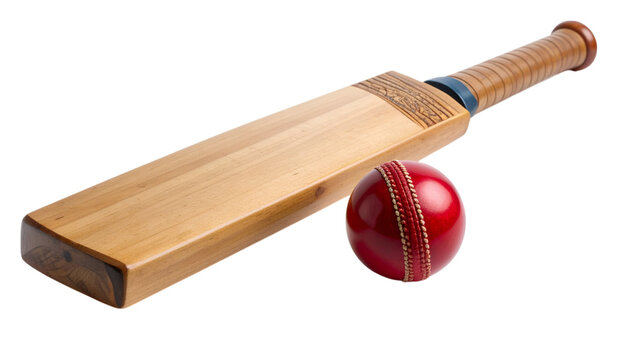 Cricket Bat and Ball: Classic cricket bat rests alongside a vibrant red ball, embodying the spirit of the game, waiting for a hit and a thrilling match