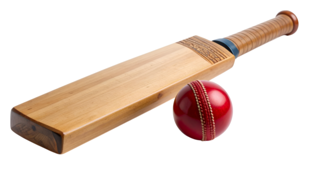 Cricket Bat and Ball: Classic cricket bat rests alongside a vibrant red ball, embodying the spirit of the game, waiting for a hit and a thrilling match