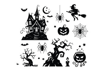 Obraz premium Halloween vector, Halloween vector element silhouette set, spooky black icon, Halloween svg vector art illustration, ghost house silhouette, Art & Illustration, Ghost svg