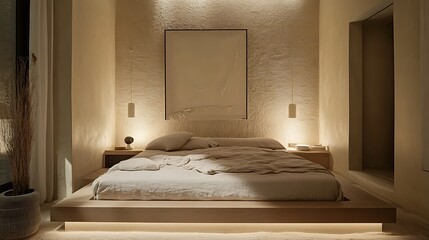 Serene minimalist bedroom interior design with warm lighting neutral tones for tranquil ambiance peaceful retreat simple elegance calming modern lifestyle concept.
