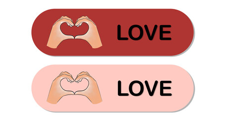 Two stacked, horizontally oriented, rounded rectangular banners. Both feature heart-shaped hands (left) and 
