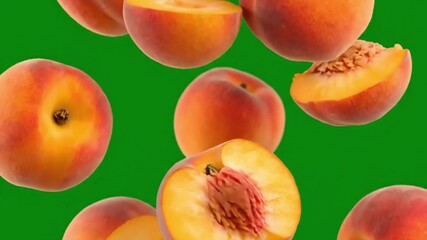 Fresh peaches falling and rotating on a green screen background, some cut open to reveal the pit