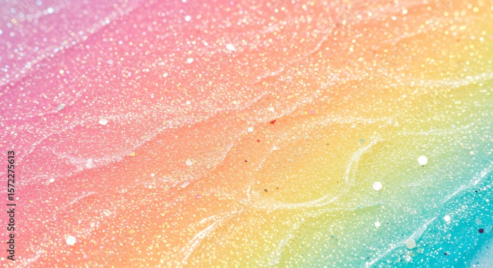 Poster pastel rainbow glitter texture background with smooth transitions and shimmering particles