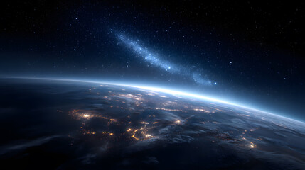 Earth's Embrace: A captivating image shows a radiant planet Earth, bathed in celestial light, with the majestic Milky Way gracefully arching above.