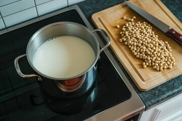 milk pot on stove with soybean ingredient on cutting board. Cook plant based milk