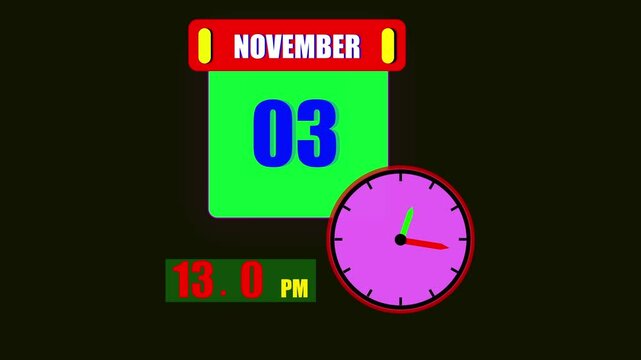 Calendar displaying November 3th day with a clock and 24 hours counting the current time on a dark background.