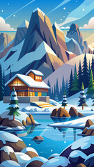 Winter Wonderland. Cabin by a Frozen Lake in the Snowy Mountains