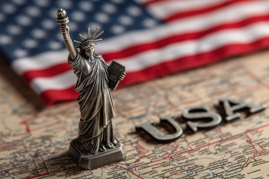 Statue of Liberty and American flag on vintage background. Patriotic retro template of the USA