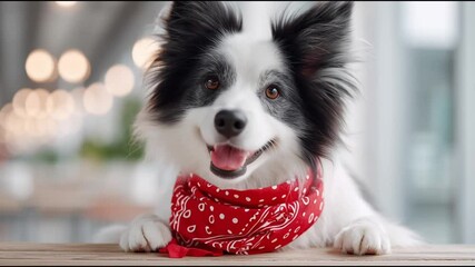 Pet animal canine with black white fur and red bandana lying on wooden surface domestic dog health protection and insurance coverage for happy pets ensuring wellbeing and care