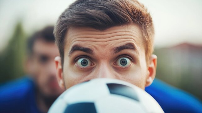 Soccer player in defensive stance intensely tracking the ball during match, determined athlete preparing for tackle in competitive game, sports action and teamwork concept.
