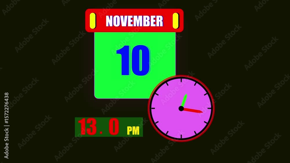 Poster calendar displaying november 10th day with a clock and 24 hours counting the current time on a dark 