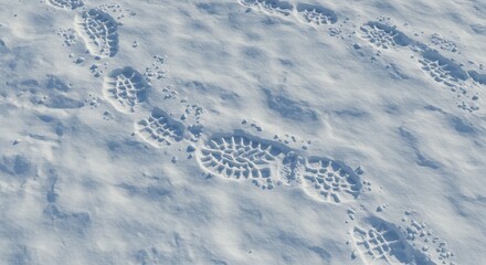 Clear boot footprints with patterned soles distinctly pressed into a pristine white snowcovered ground